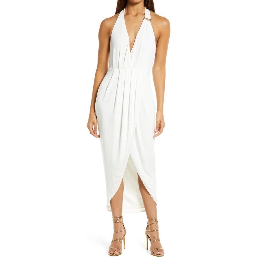 bebe Asymmetric Halter Dress Women's XS White Midi V-Neck Sleeveless Wrap Style